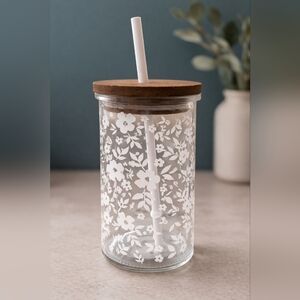 🌸 NEW Floral Glass Tumbler w/ Bamboo Lid & Straw | Spring Aesthetic Cup
